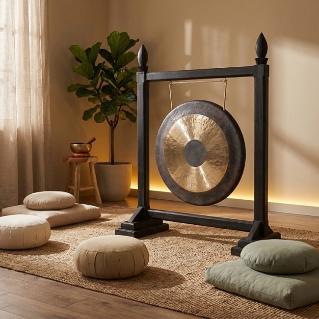 Gong 50 cm et potence en bois de teck.