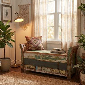 Banc et coffre en bois recyclé de l'Inde