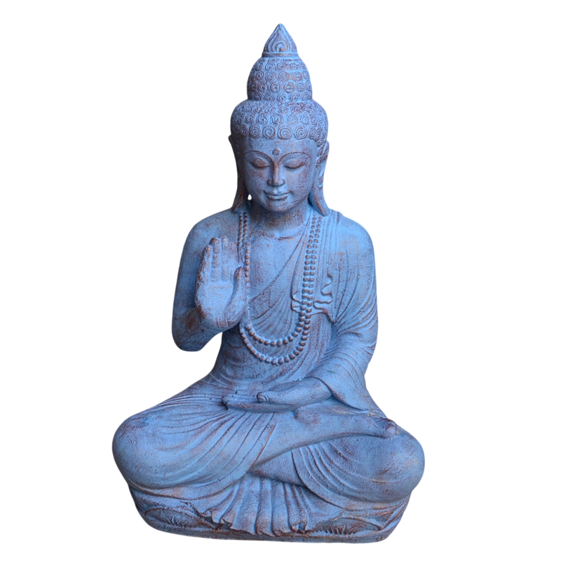 Statue de Bouddha en ciment teinté en bleu, hauteur 75 cm