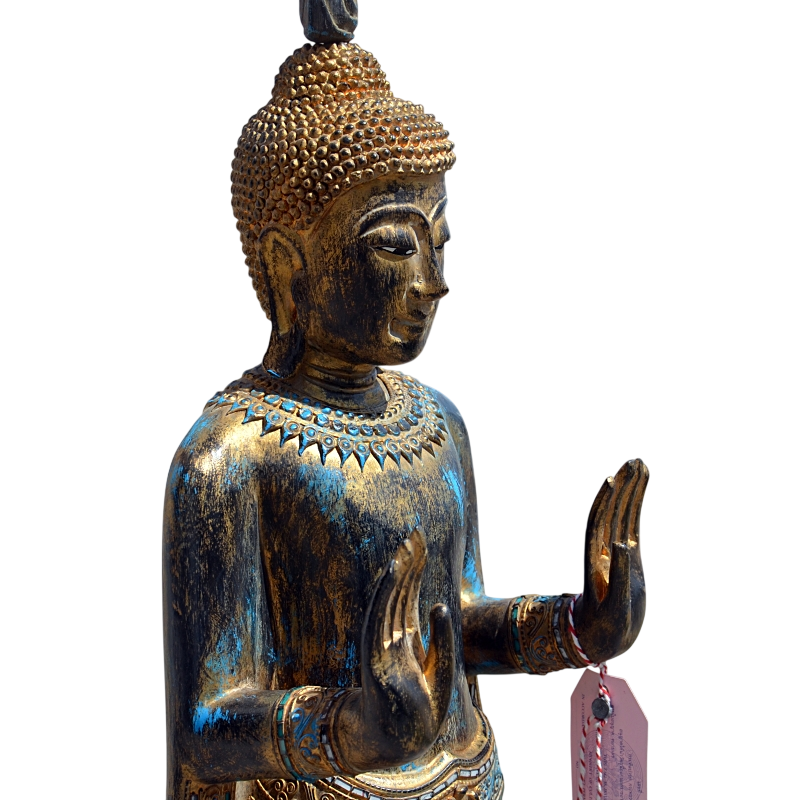 Bouddha en bois bleu, noir et or de Thaïlande