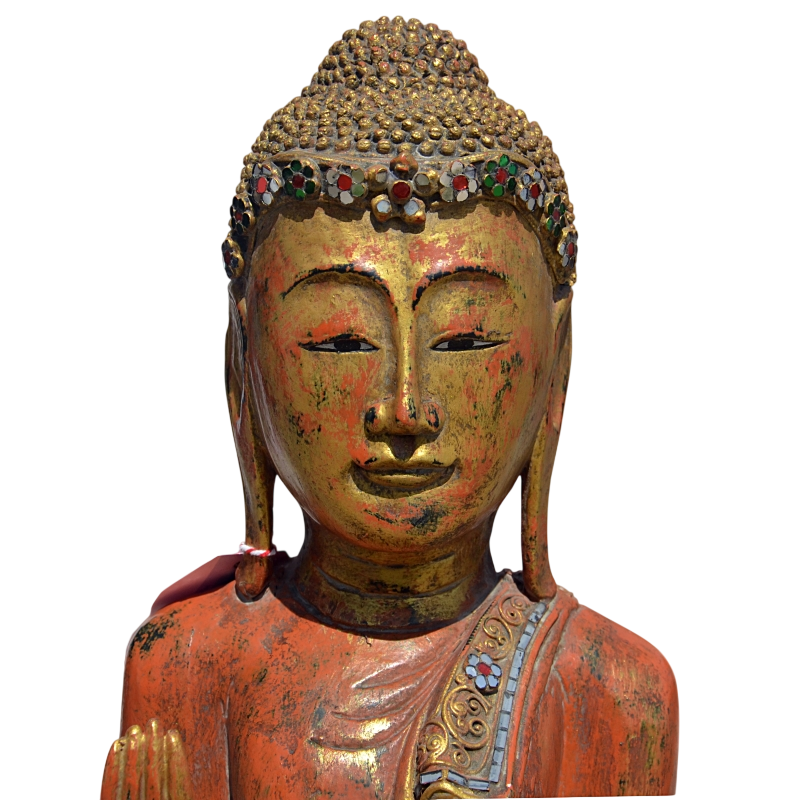 Bouddha en bois sculpté de Thaïlande, H 121 cm.