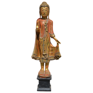 Bouddha debout en bois sculpté de Thaïlande, hauteur 121 cm.
