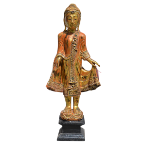 Bouddha en bois sculpté doré à la feuille d'or. Origine Thaïlande.